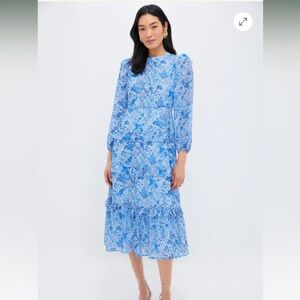 Blue Multi Abstract Floral Rosalind Ruffle Midi Dress